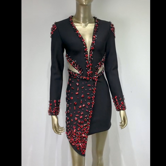 Long Sleeve Red Crystal V-Neck Bodycon Mini Bandage Dress - Picture 8 of 12